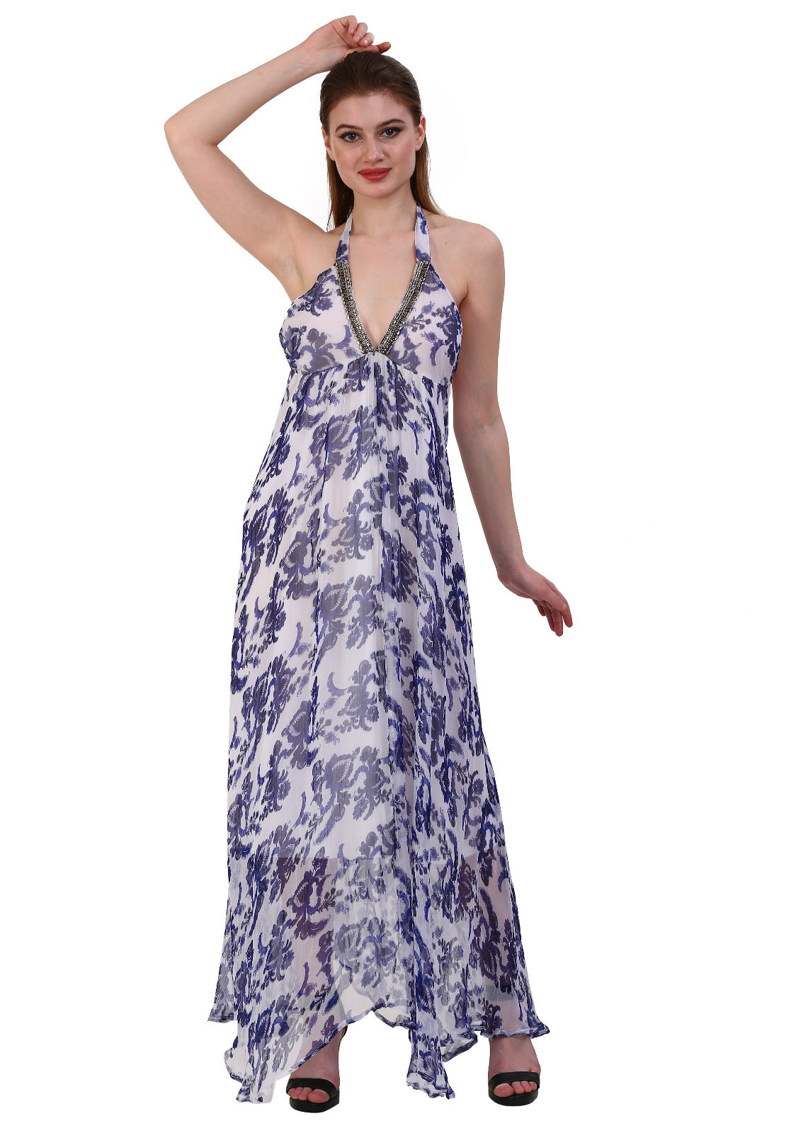 Halter Neck Maxi Dress – Embellished Deep V-Neck Resort Sundress