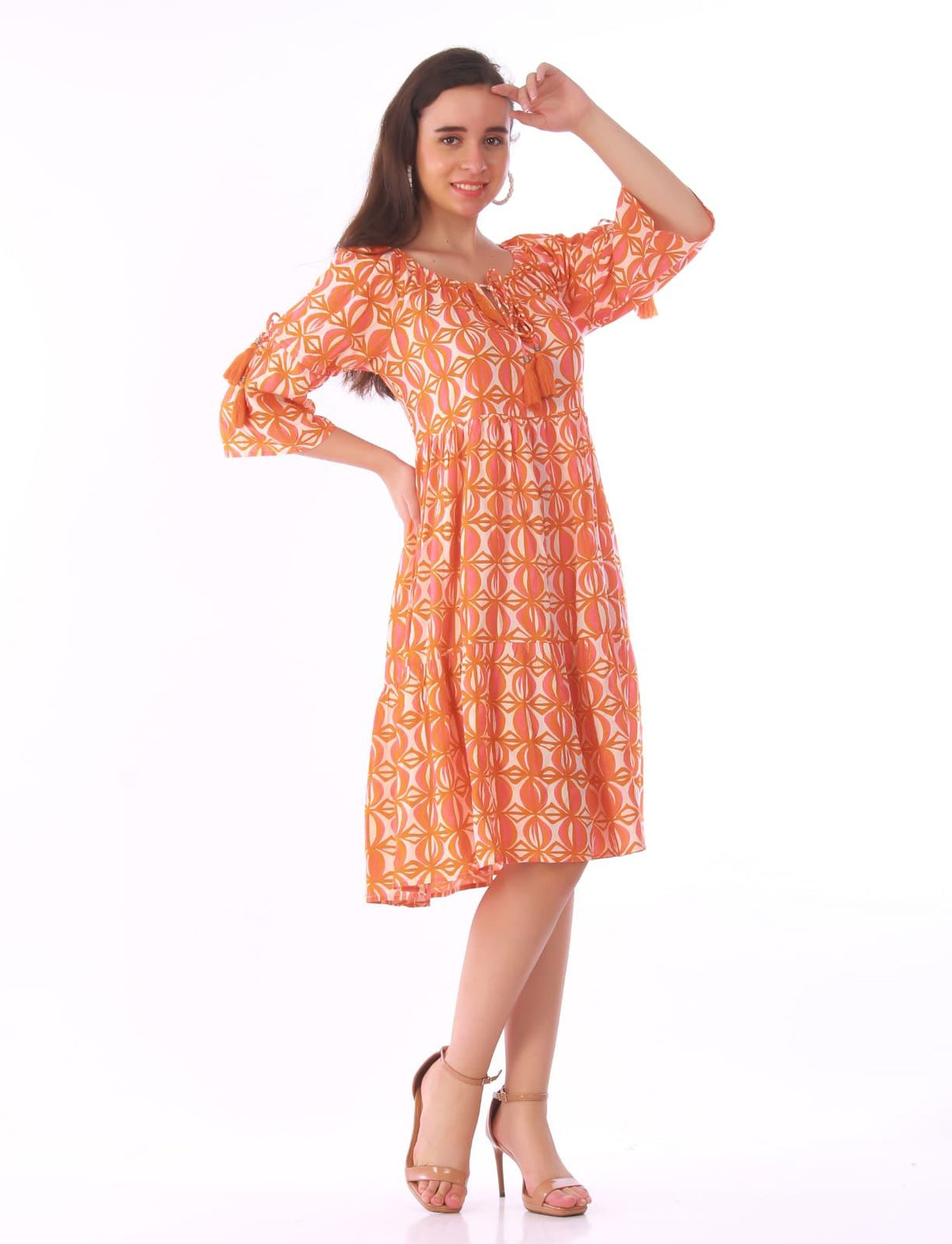 Orange Geometric Geometric Print Tassel-Tie Midi Dress – Boho Off-The-Shoulder Sundress