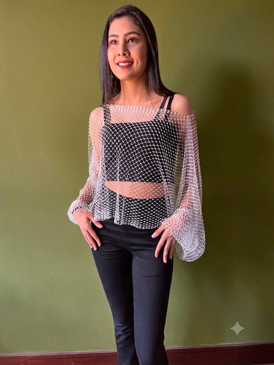 Elegance Rhinestone Net Overlay Top – Sheer Bell Sleeve Shrug