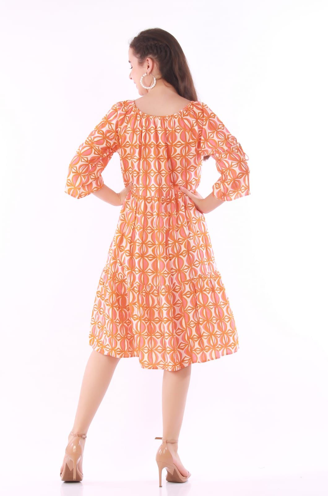 Orange Geometric Geometric Print Tassel-Tie Midi Dress – Boho Off-The-Shoulder Sundress
