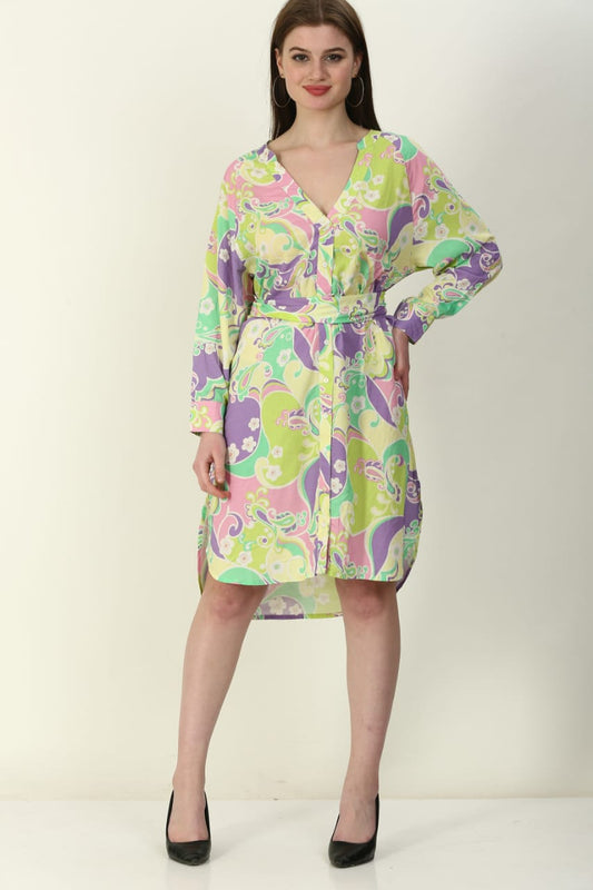 Pastel Paisley Print Shirt Dress – Retro Belted V-Neck Mini Dress