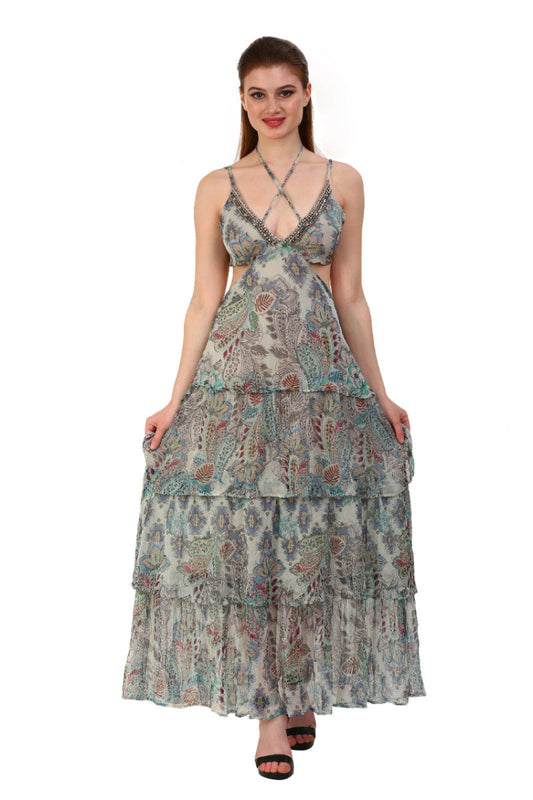 Boho Paisley Tiered Cut-Out Maxi Dress with Embellished Neckline