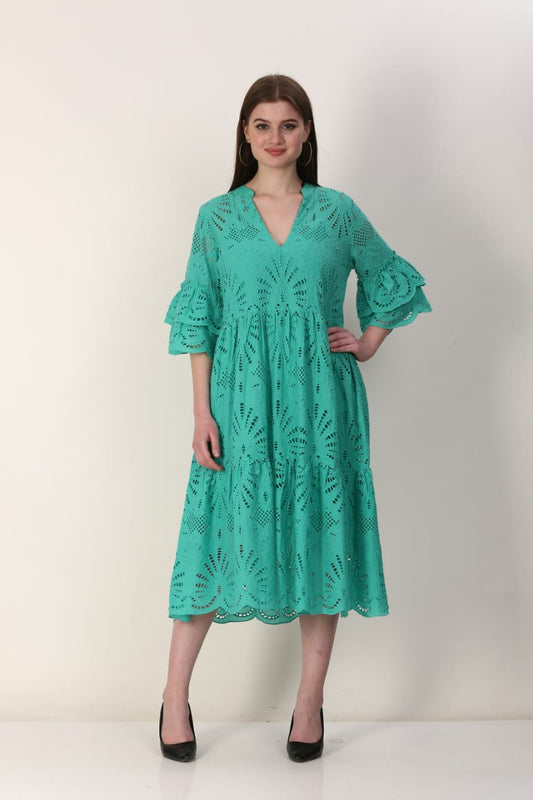 Sea Green Eyelet Embroidered Midi Dress – Tiered Ruffle Sleeve Boho Sundress