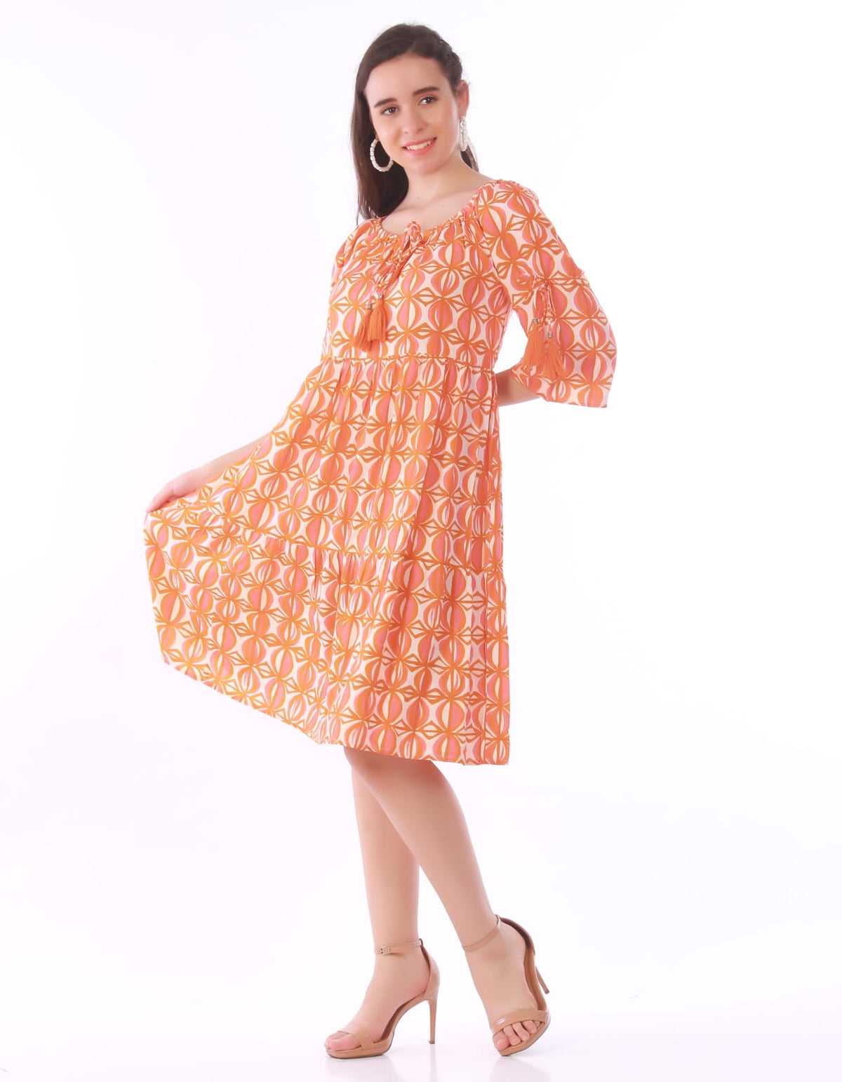 Orange Geometric Geometric Print Tassel-Tie Midi Dress – Boho Off-The-Shoulder Sundress