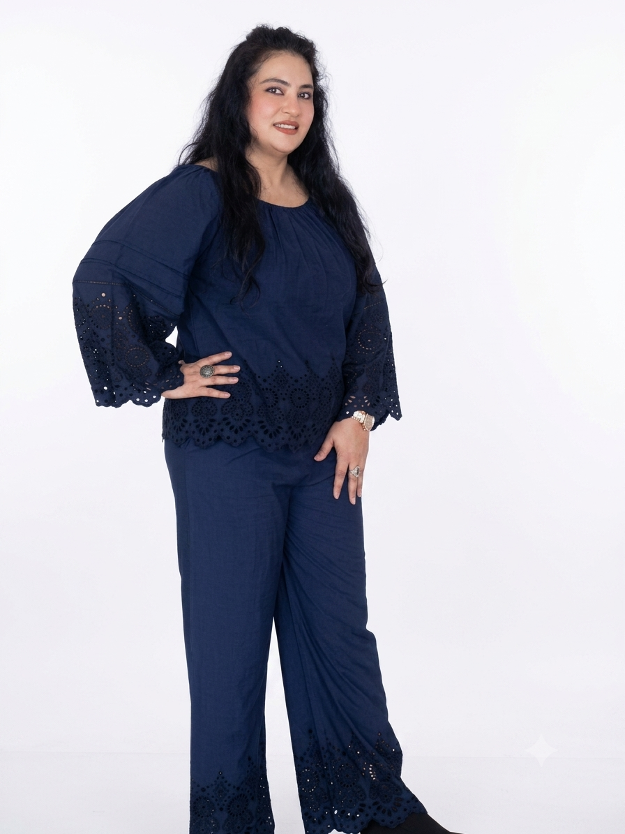Embroidered Eyelet Linen Co-ord Set (Off-Shoulder Top & Wide-Leg Trousers)