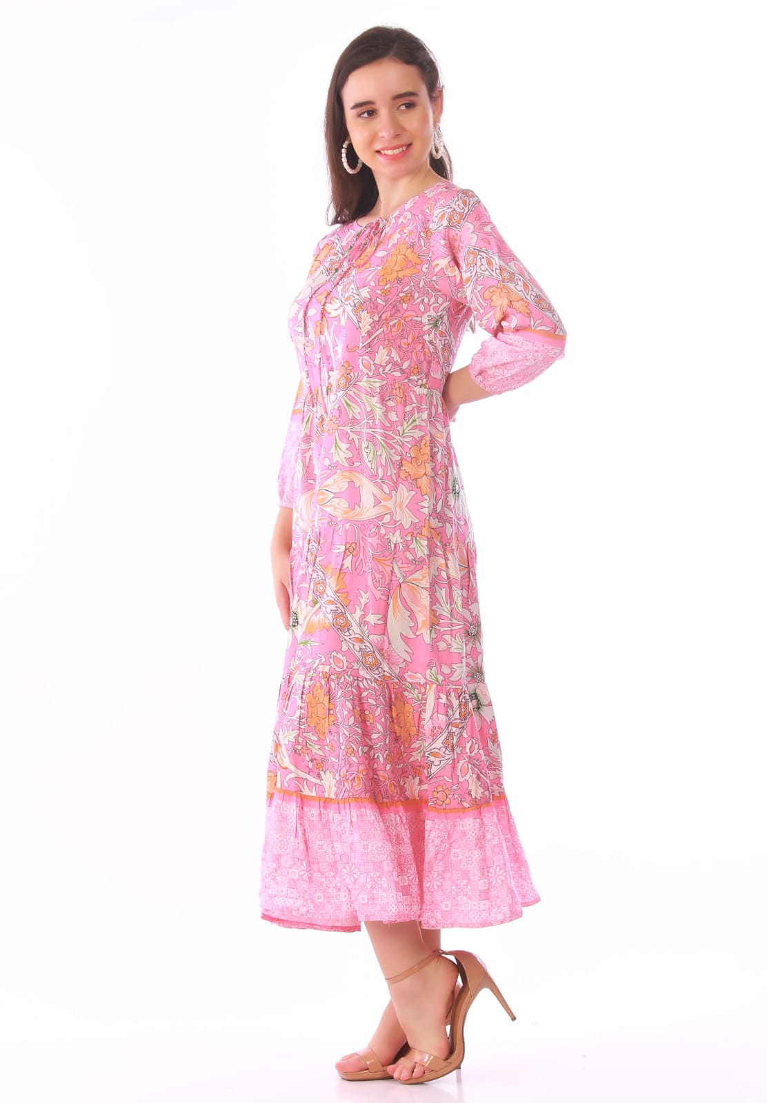 Pink Paisley Print Tiered Midi Dress – Boho Floral Tie-Neck Midi Dress