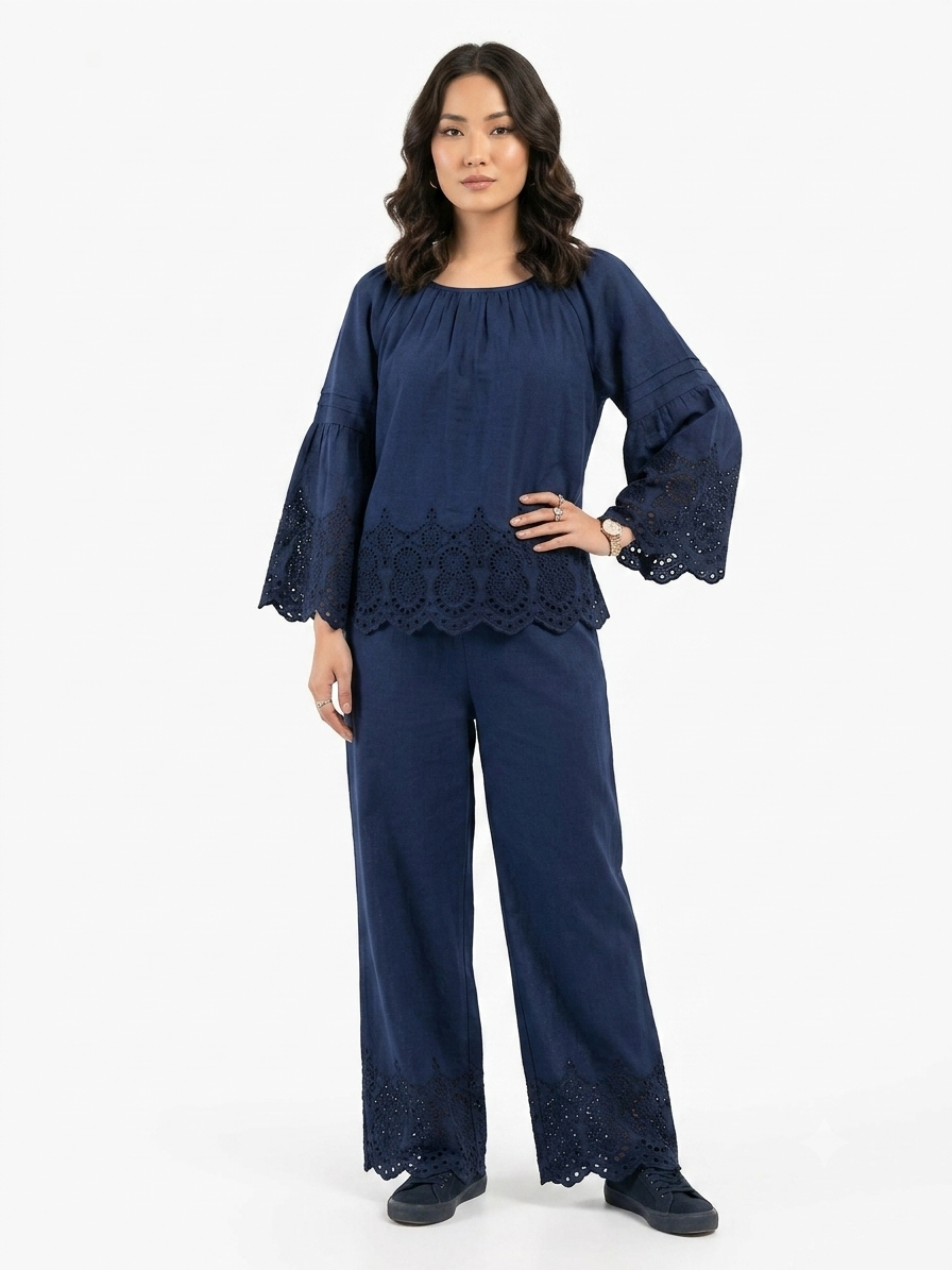 Embroidered Eyelet Linen Co-ord Set (Off-Shoulder Top & Wide-Leg Trousers)