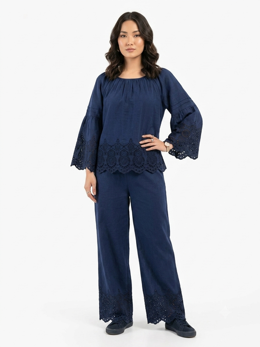 Embroidered Eyelet Linen Co-ord Set (Off-Shoulder Top & Wide-Leg Trousers)