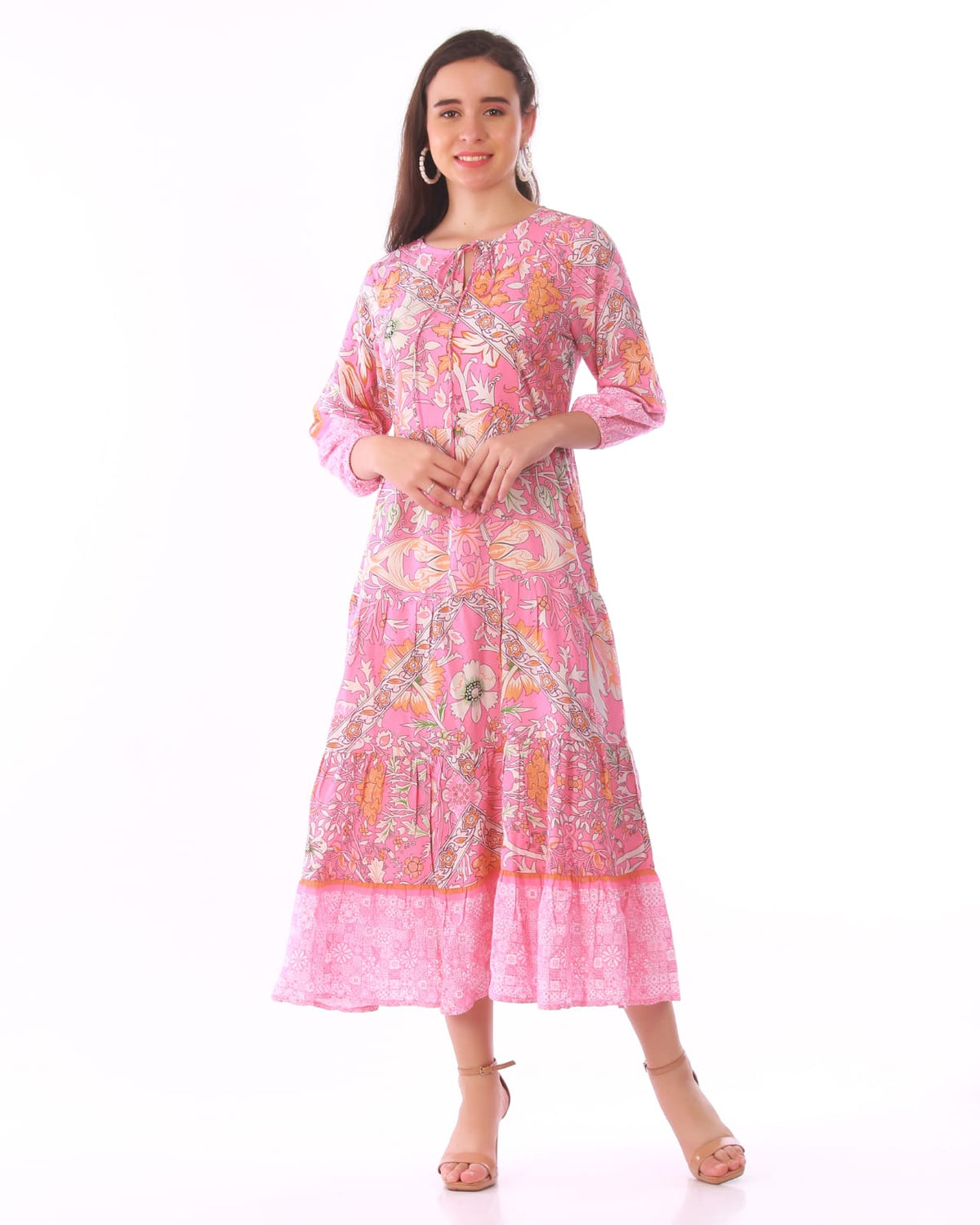 Pink Paisley Print Tiered Midi Dress – Boho Floral Tie-Neck Midi Dress