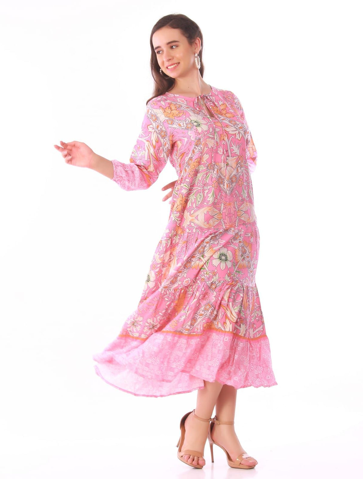 Pink Paisley Print Tiered Midi Dress – Boho Floral Tie-Neck Midi Dress