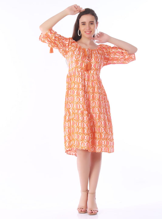 Orange Geometric Geometric Print Tassel-Tie Midi Dress – Boho Off-The-Shoulder Sundress