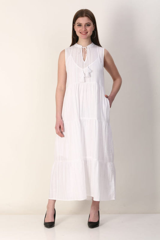 White Tiered Cotton Maxi Dress – Sleeveless Tassel Tie-Neck Boho Sundress