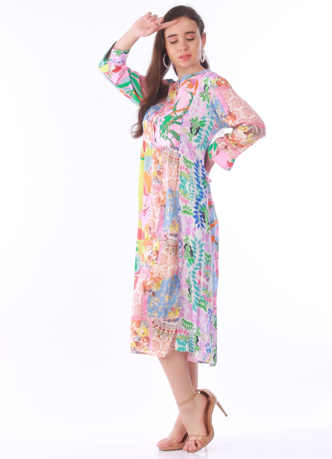 Vibrant Patchwork Floral Midi Dress – Multi-Color Boho Chic Shirt Dress