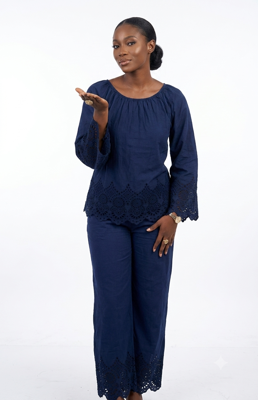 Embroidered Eyelet Linen Co-ord Set (Off-Shoulder Top & Wide-Leg Trousers)