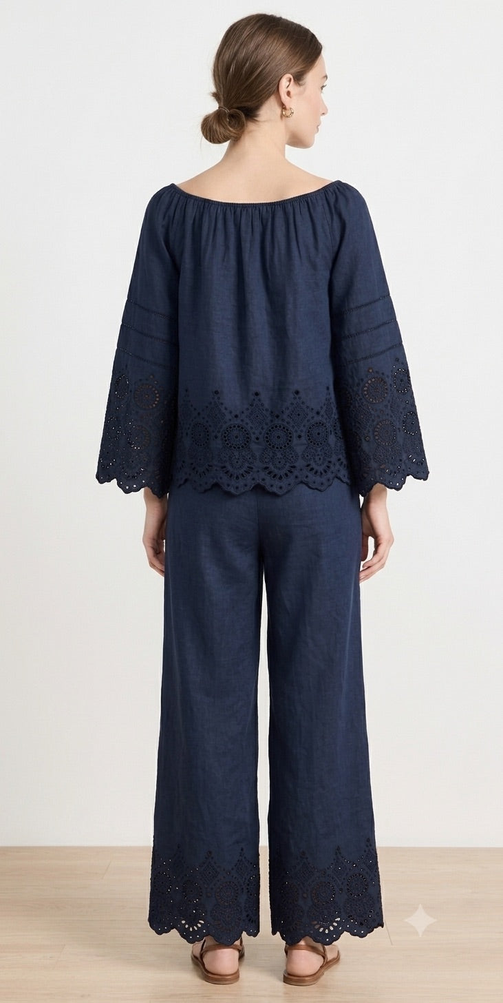 Embroidered Eyelet Linen Co-ord Set (Off-Shoulder Top & Wide-Leg Trousers)