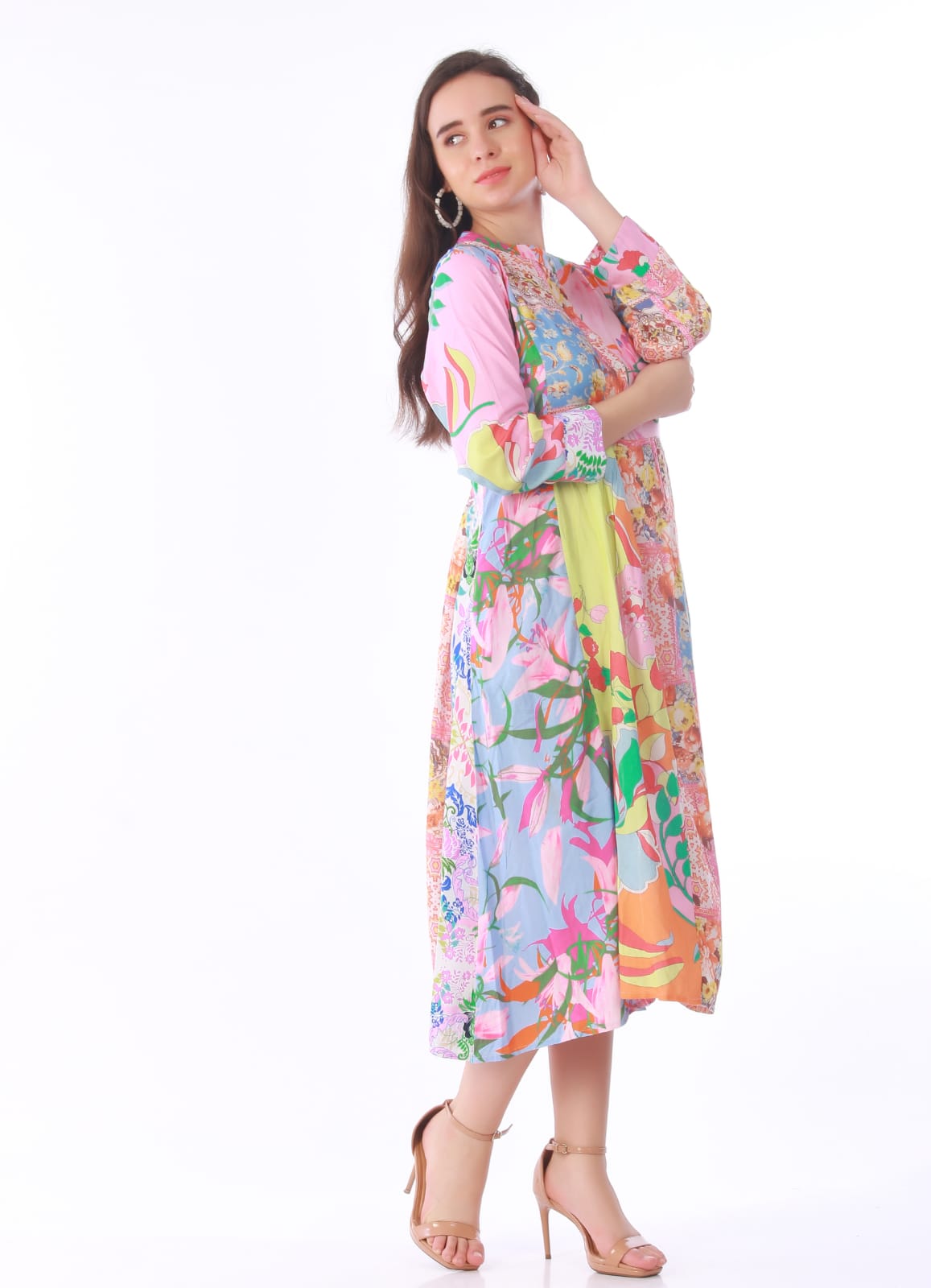 Vibrant Patchwork Floral Midi Dress – Multi-Color Boho Chic Shirt Dress