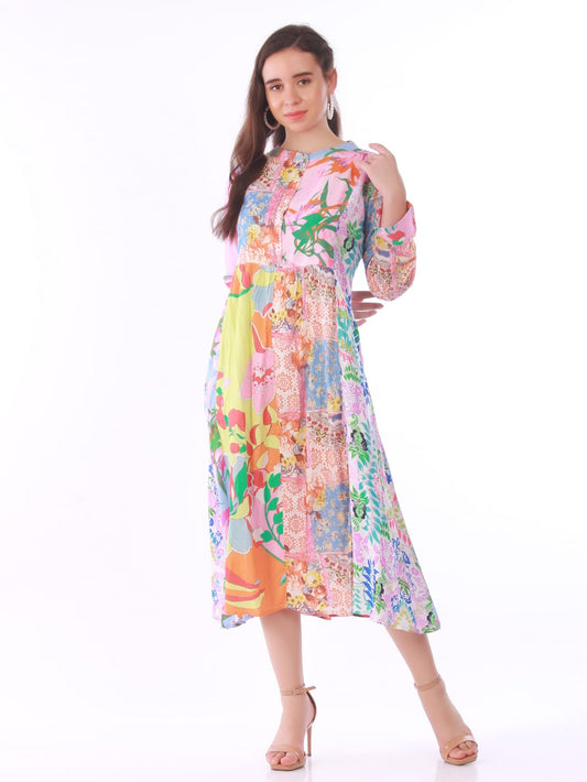 Vibrant Patchwork Floral Midi Dress – Multi-Color Boho Chic Shirt Dress