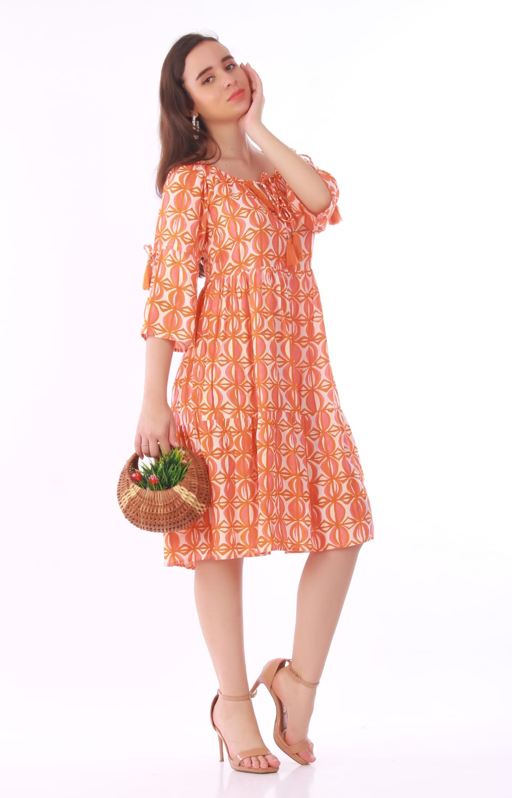 Orange Geometric Geometric Print Tassel-Tie Midi Dress – Boho Off-The-Shoulder Sundress