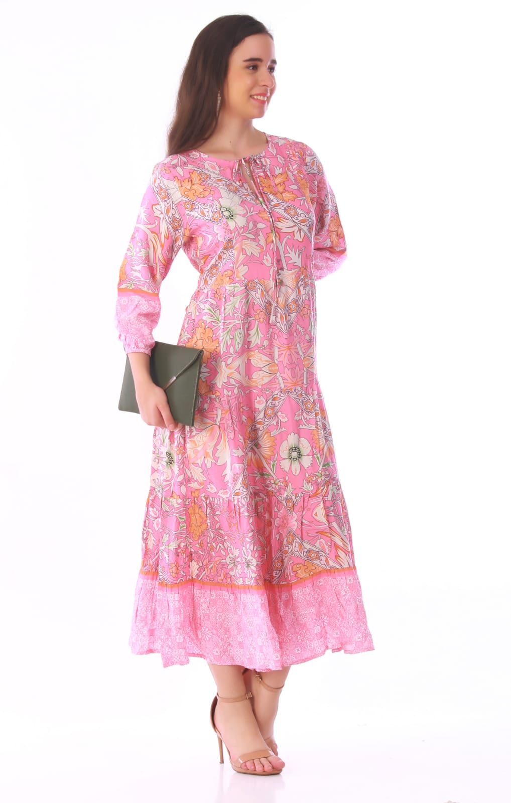 Pink Paisley Print Tiered Midi Dress – Boho Floral Tie-Neck Midi Dress