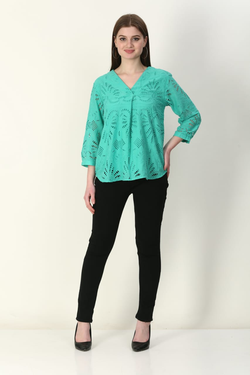 Sea Green Eyelet Embroidered Tunic Top – V-Neck Broderie Anglaise Blouse
