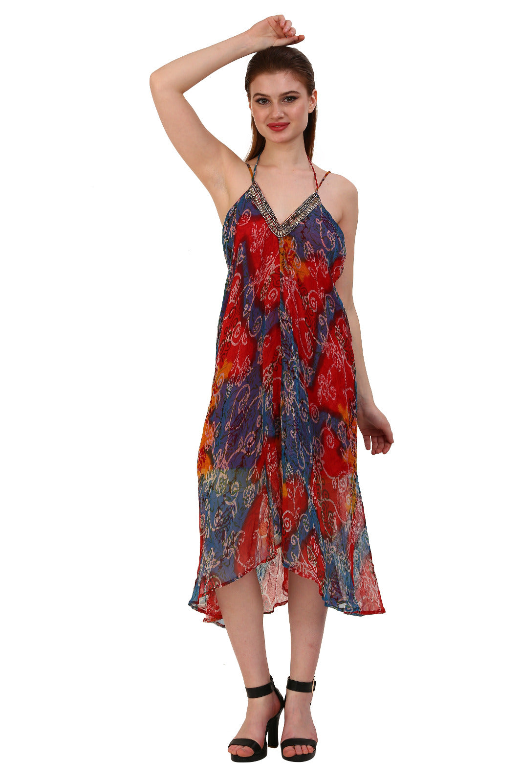 Red & Blue Printed Embellished V-Neck Midi Dress – Boho Halter Neck Resort Sundress