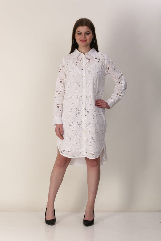 White Broderie Anglaise Shirt Dress – Eyelet Embroidered Long Sleeve Mini Dress
