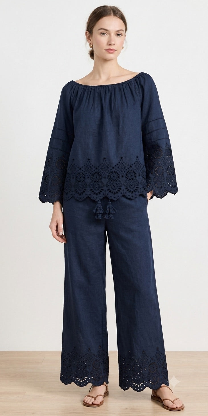 Embroidered Eyelet Linen Co-ord Set (Off-Shoulder Top & Wide-Leg Trousers)