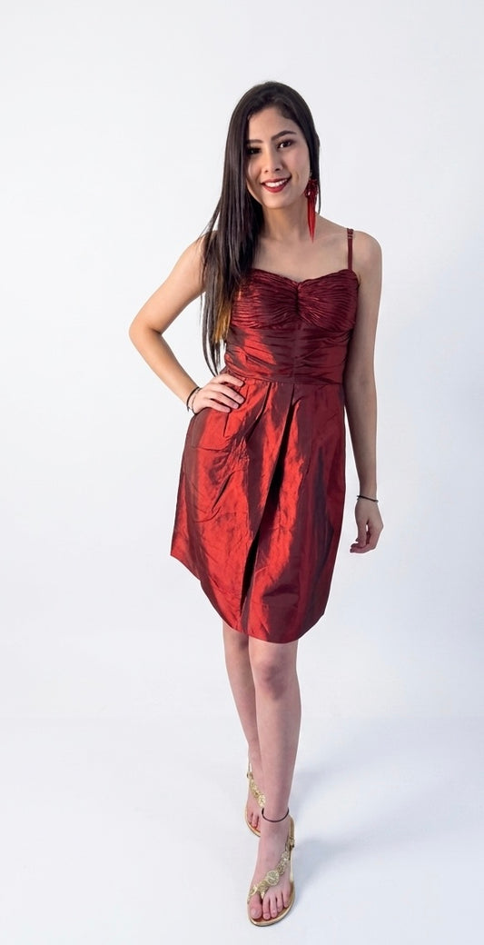 Metallic Crimson Ruched Party Dress