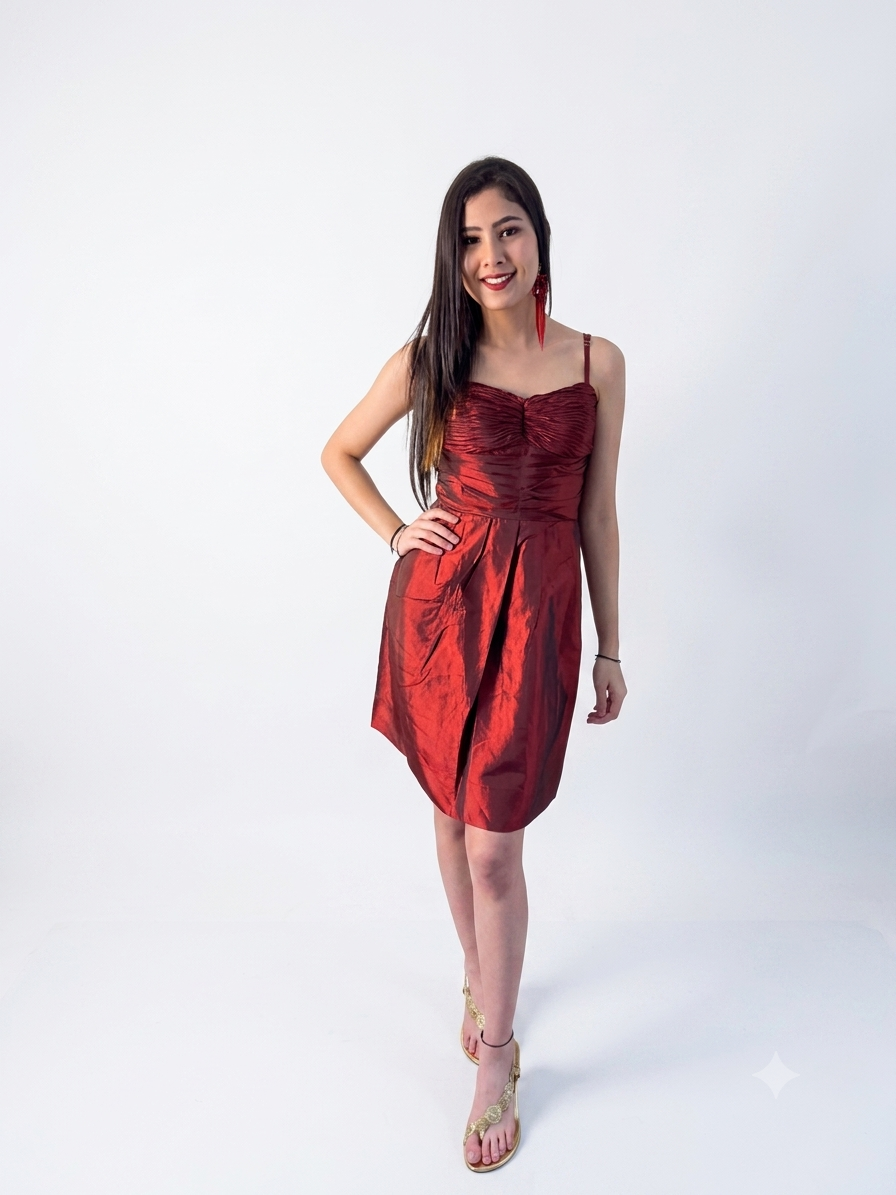 Metallic Crimson Ruched Party Dress