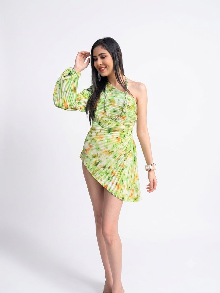 Tropical Watercolor Pleated One-Shoulder Mini Dress