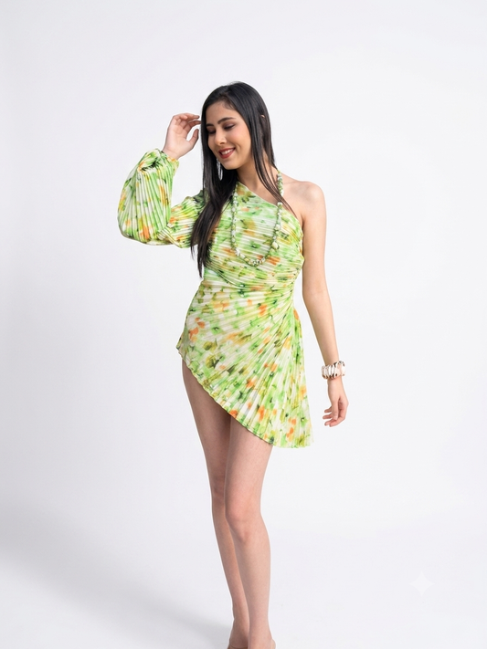 Tropical Watercolor Pleated One-Shoulder Mini Dress