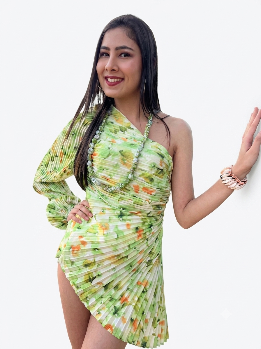 Tropical Watercolor Pleated One-Shoulder Mini Dress