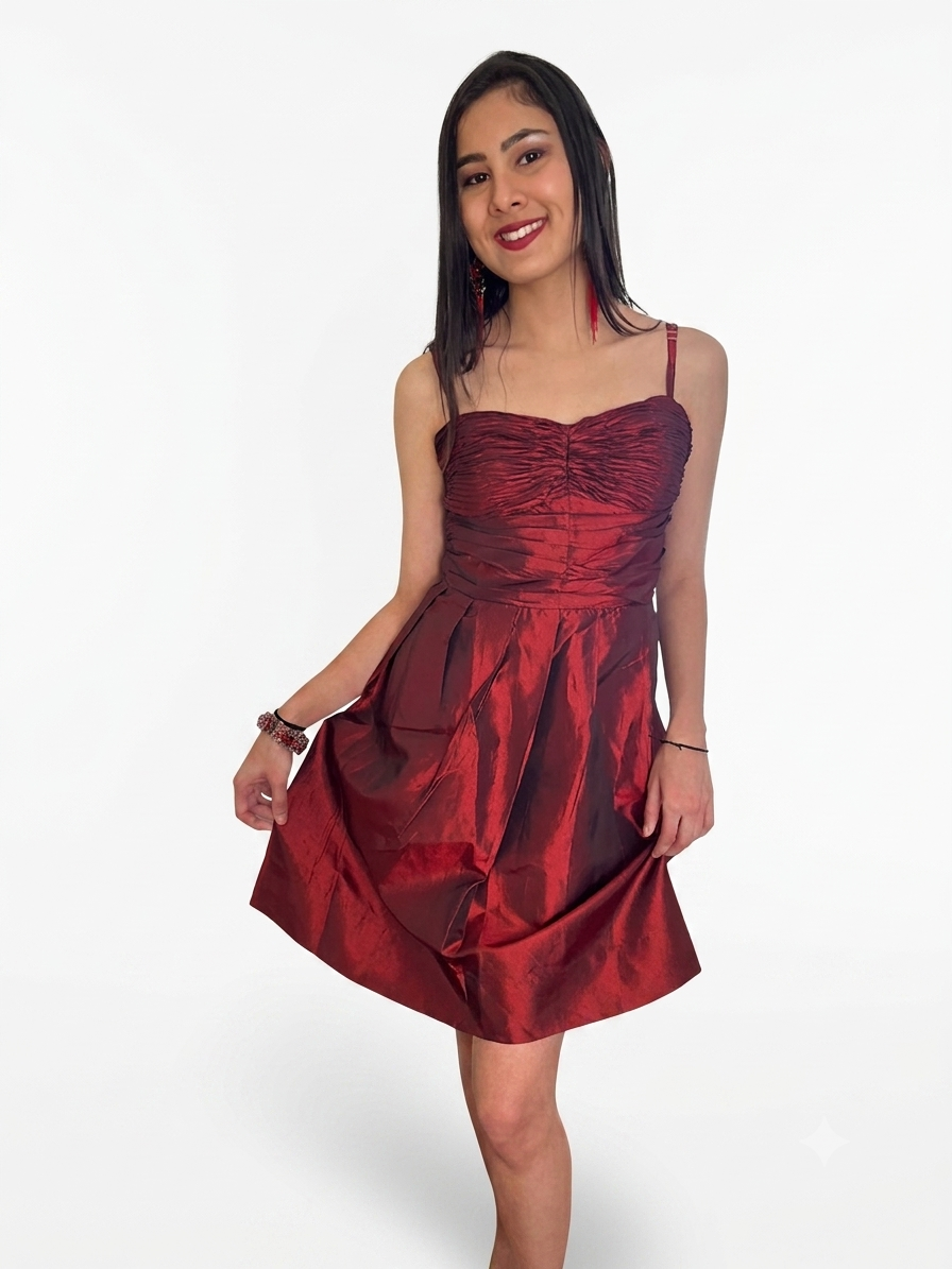 Metallic Crimson Ruched Party Dress