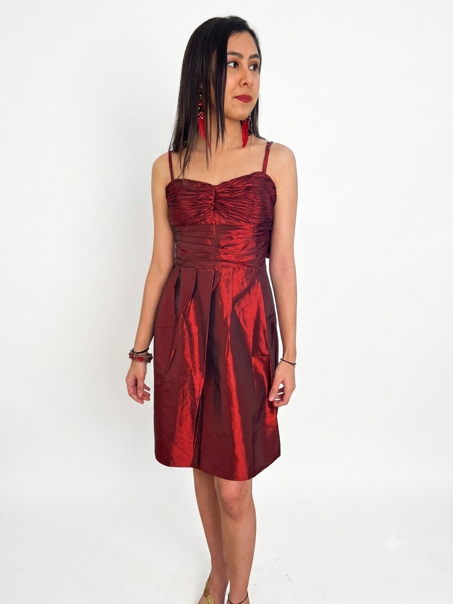 Metallic Crimson Ruched Party Dress