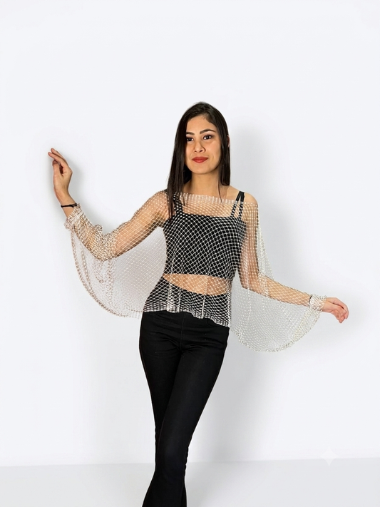 Elegance Rhinestone Net Overlay Top – Sheer Bell Sleeve Shrug