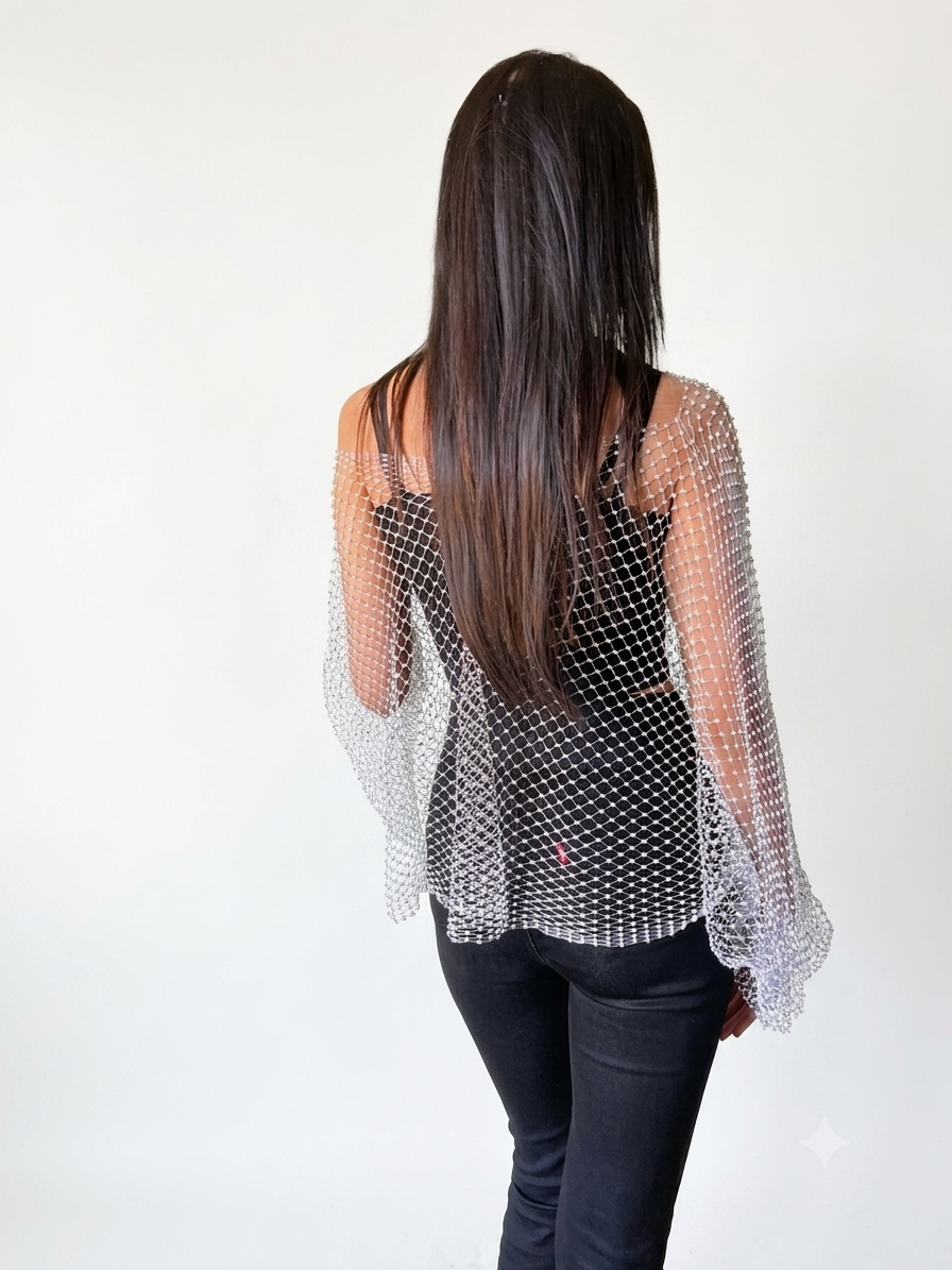 Elegance Rhinestone Net Overlay Top – Sheer Bell Sleeve Shrug