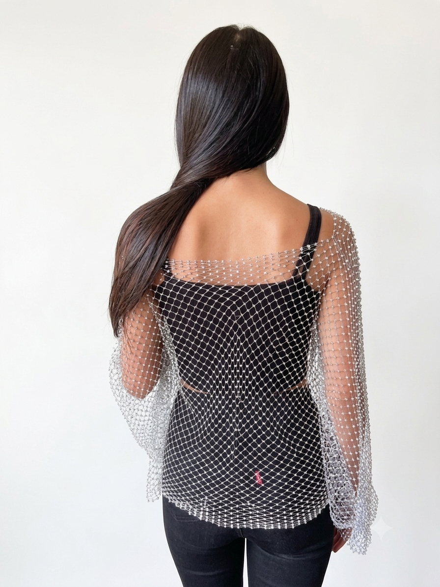 Elegance Rhinestone Net Overlay Top – Sheer Bell Sleeve Shrug