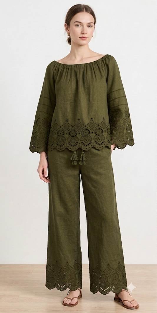 Embroidered Eyelet Linen Co-ord Set (Off-Shoulder Top & Wide-Leg Trousers)