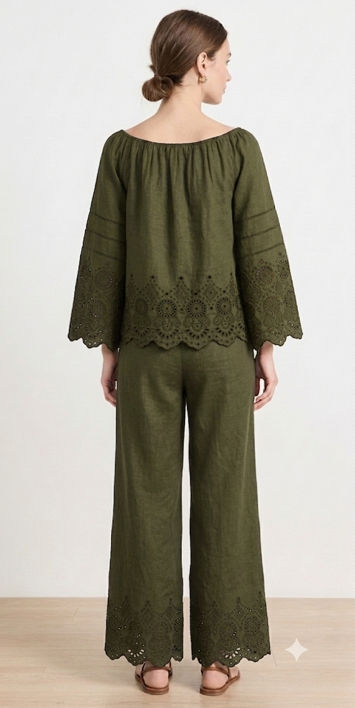 Embroidered Eyelet Linen Co-ord Set (Off-Shoulder Top & Wide-Leg Trousers)