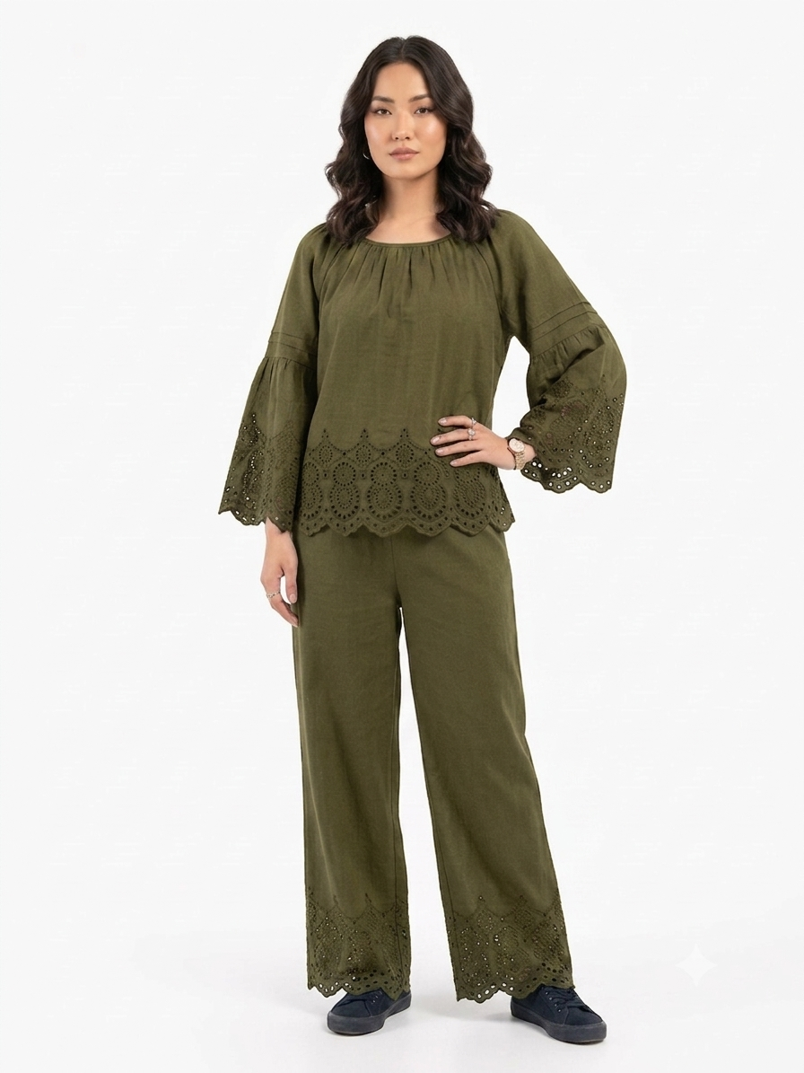 Embroidered Eyelet Linen Co-ord Set (Off-Shoulder Top & Wide-Leg Trousers)