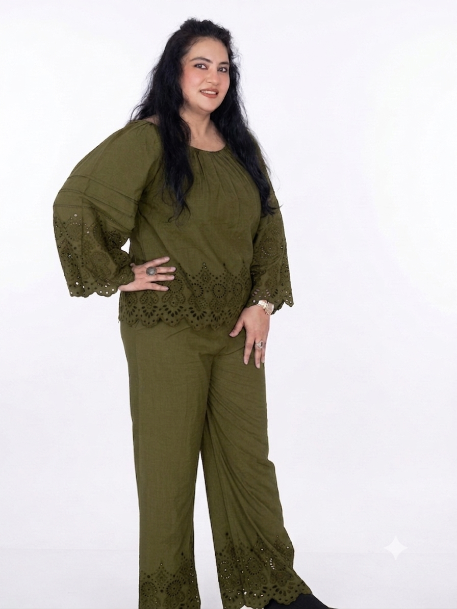 Embroidered Eyelet Linen Co-ord Set (Off-Shoulder Top & Wide-Leg Trousers)