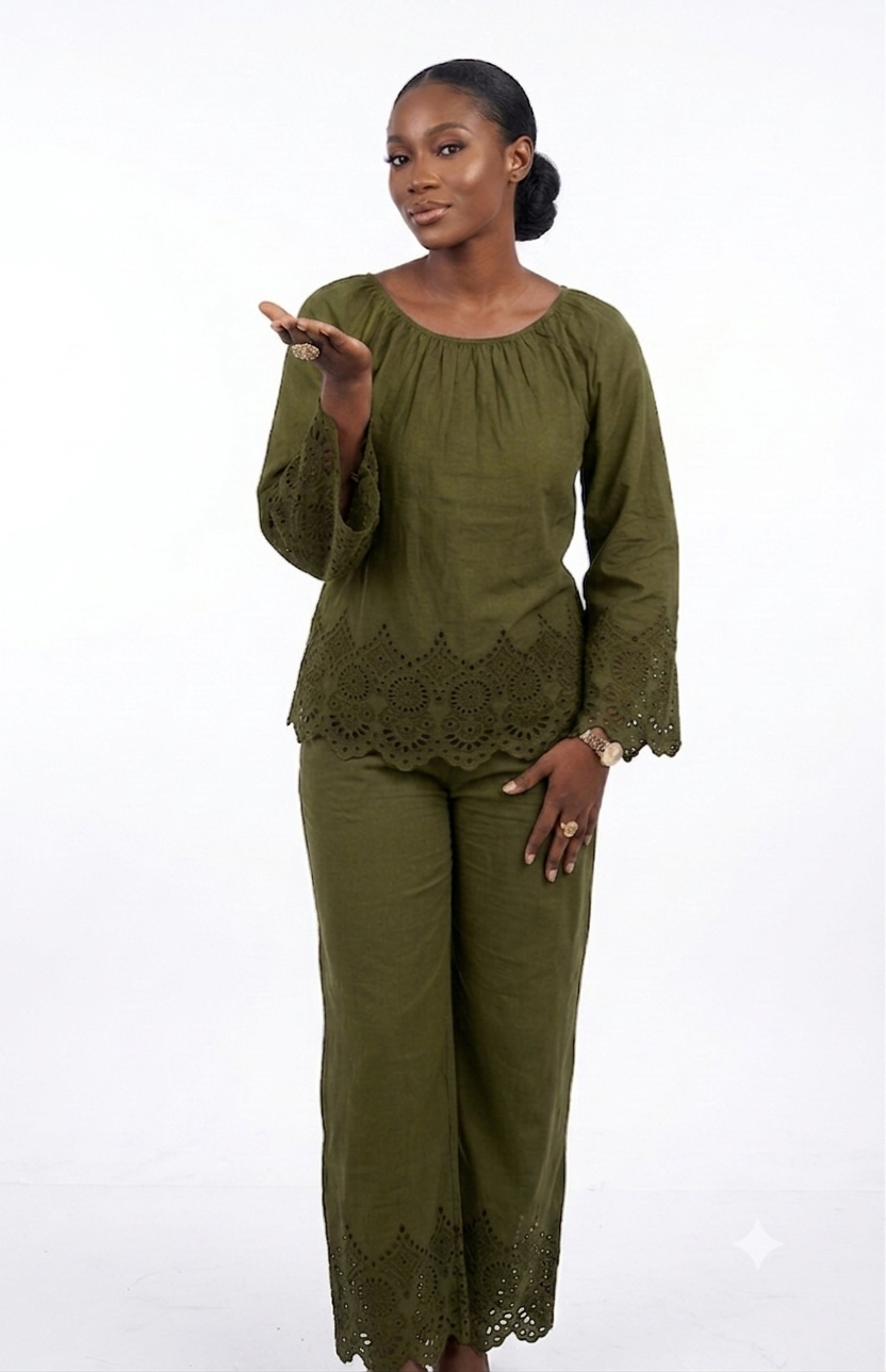 Embroidered Eyelet Linen Co-ord Set (Off-Shoulder Top & Wide-Leg Trousers)