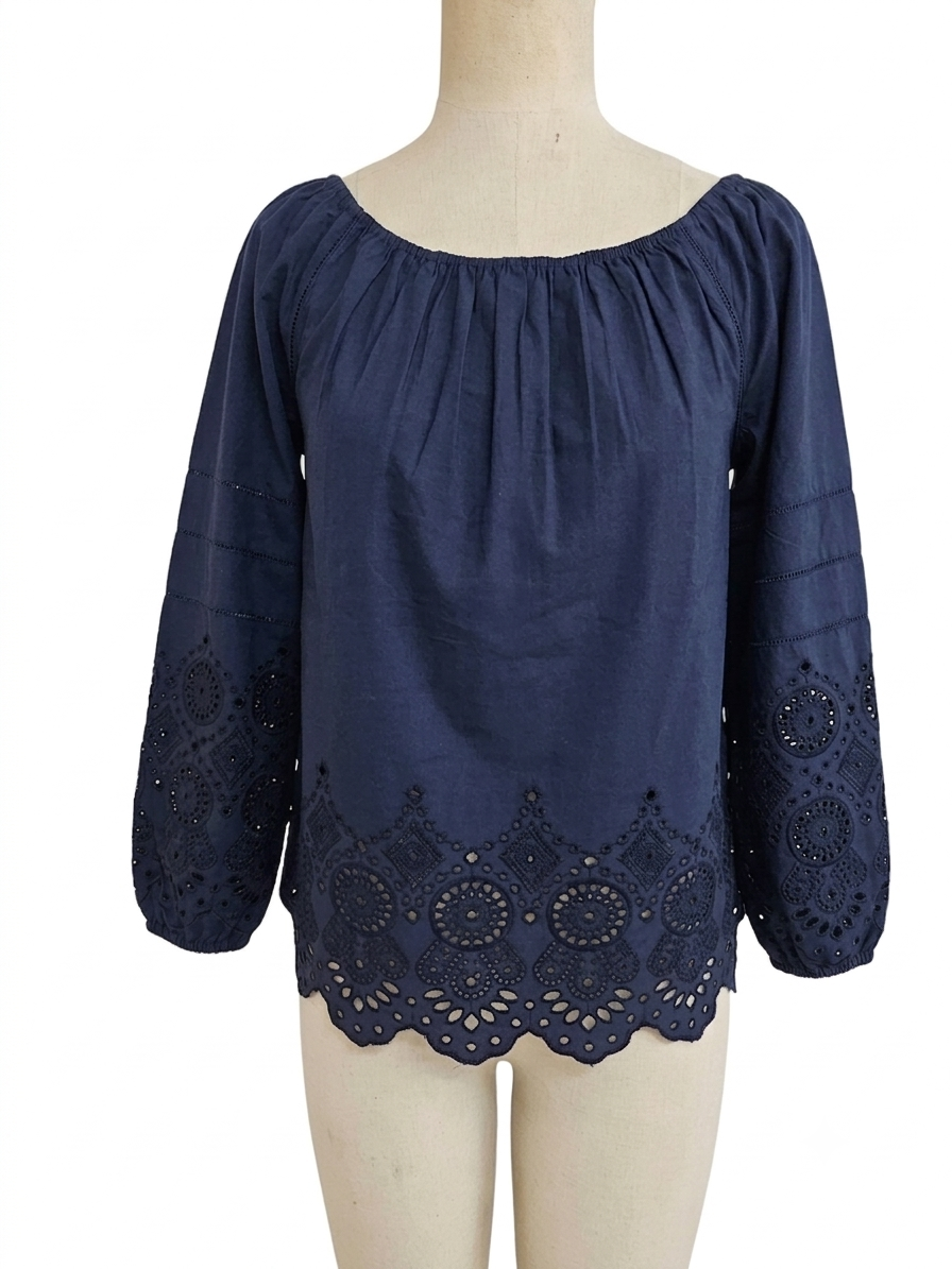 Embroidered Eyelet Linen Co-ord Set (Off-Shoulder Top & Wide-Leg Trousers)