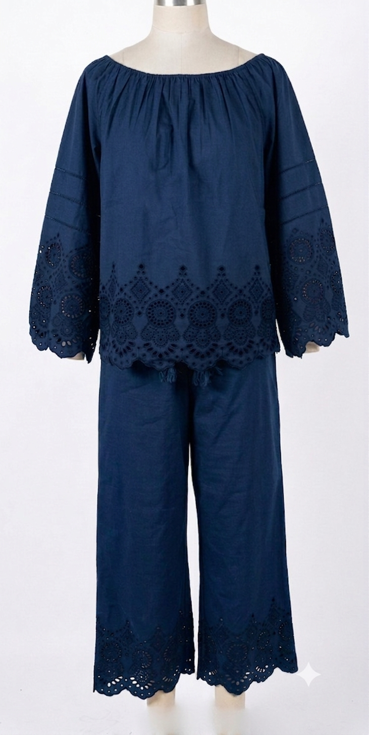 Embroidered Eyelet Linen Co-ord Set (Off-Shoulder Top & Wide-Leg Trousers)