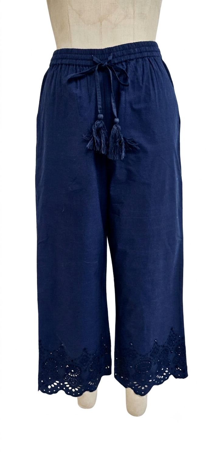 Embroidered Eyelet Linen Co-ord Set (Off-Shoulder Top & Wide-Leg Trousers)