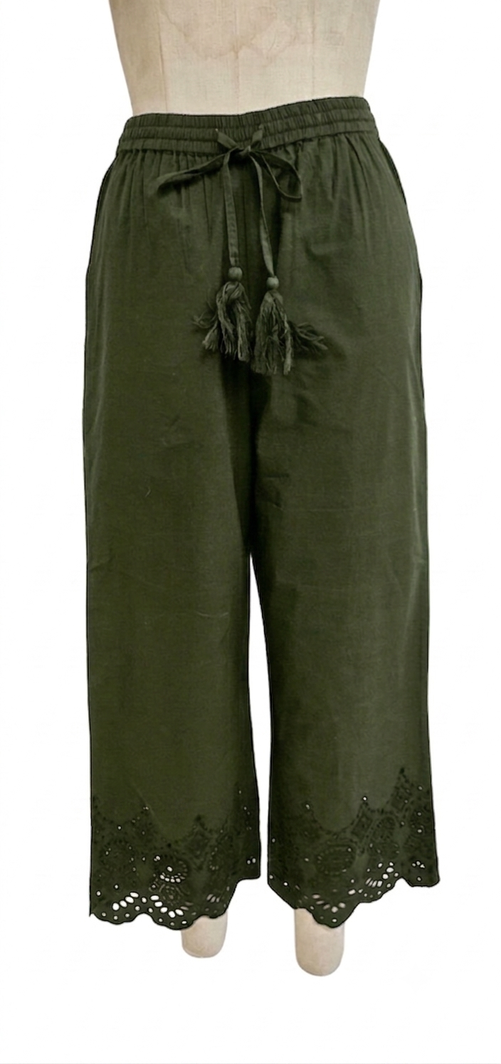 Embroidered Eyelet Linen Co-ord Set (Off-Shoulder Top & Wide-Leg Trousers)
