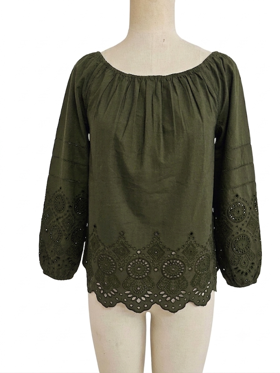 Embroidered Eyelet Linen Co-ord Set (Off-Shoulder Top & Wide-Leg Trousers)