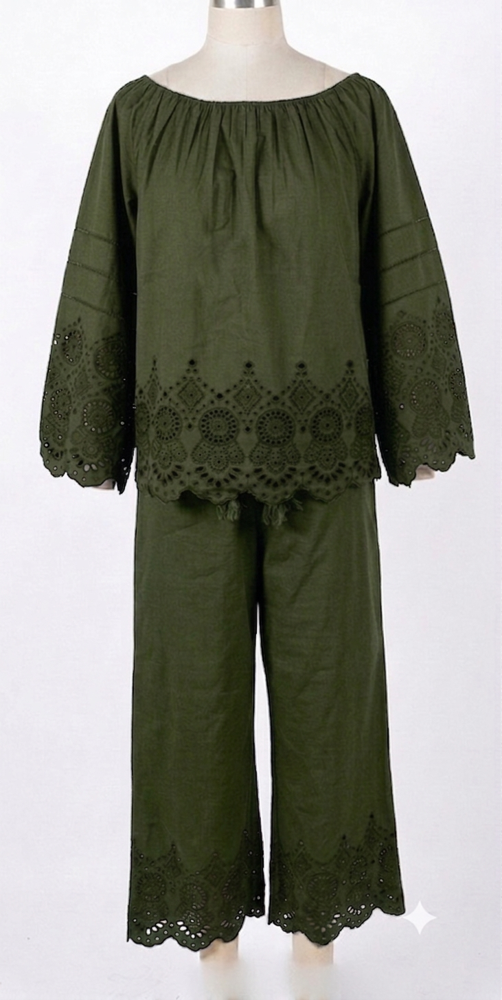 Embroidered Eyelet Linen Co-ord Set (Off-Shoulder Top & Wide-Leg Trousers)