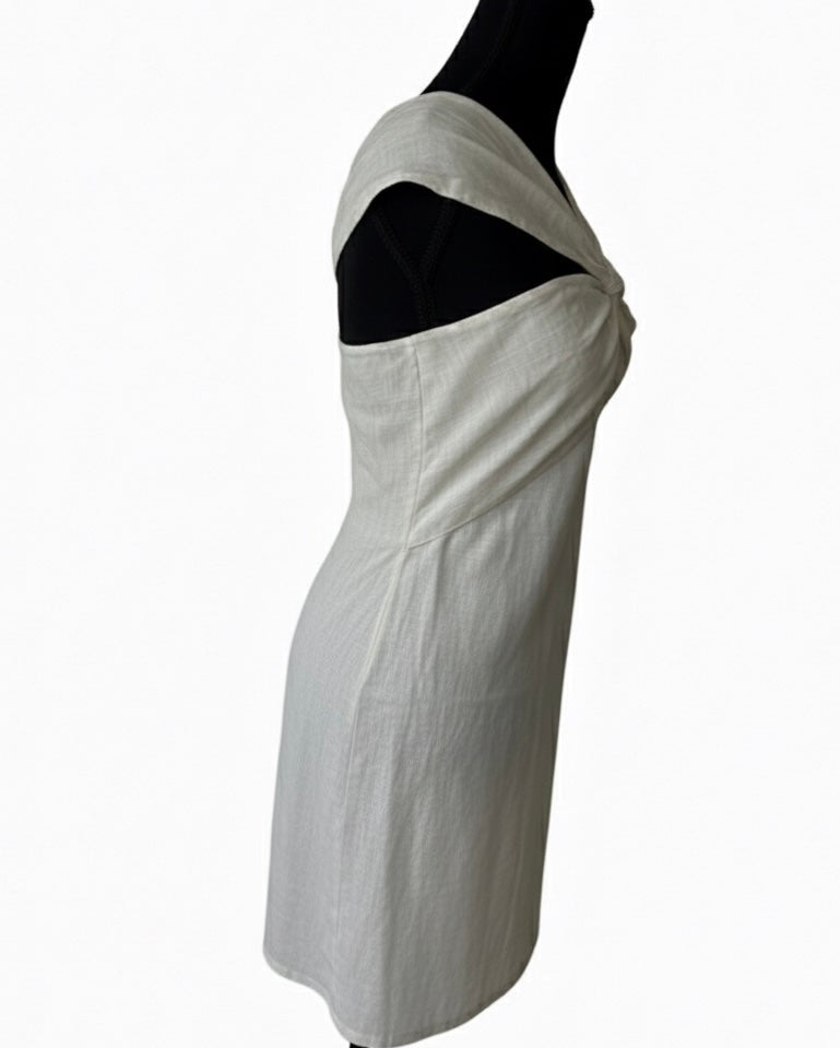 Cotton-Linen One-Shoulder Mini Dress, Beige Twist-Front Design, Asymmetrical Neckline with Knotted Dress
