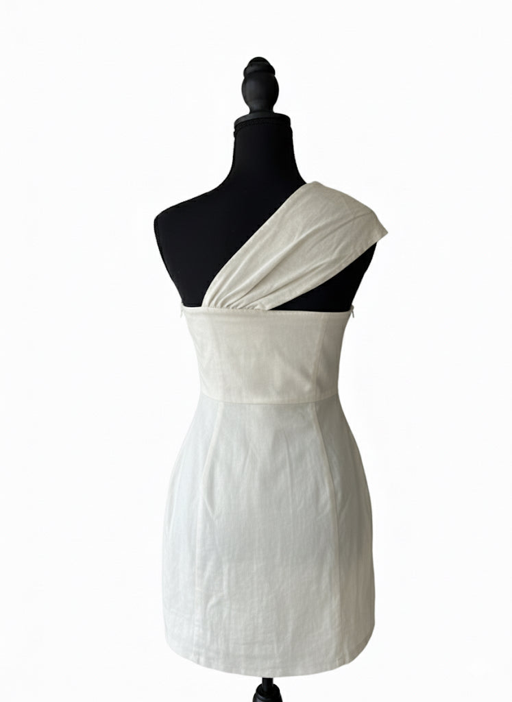 Cotton-Linen One-Shoulder Mini Dress, Beige Twist-Front Design, Asymmetrical Neckline with Knotted Dress